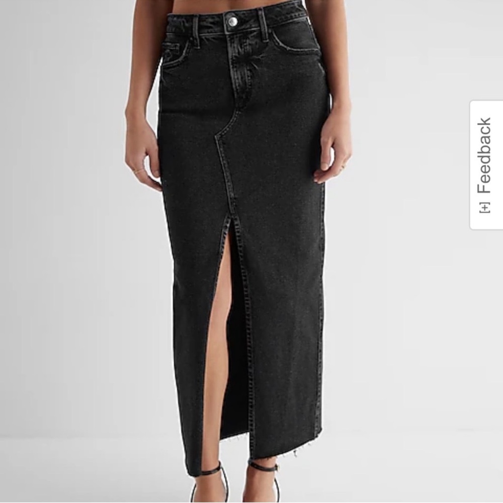 High Waisted Black Raw Hem Front Slit Maxi Denim Skirt. Sz: 8